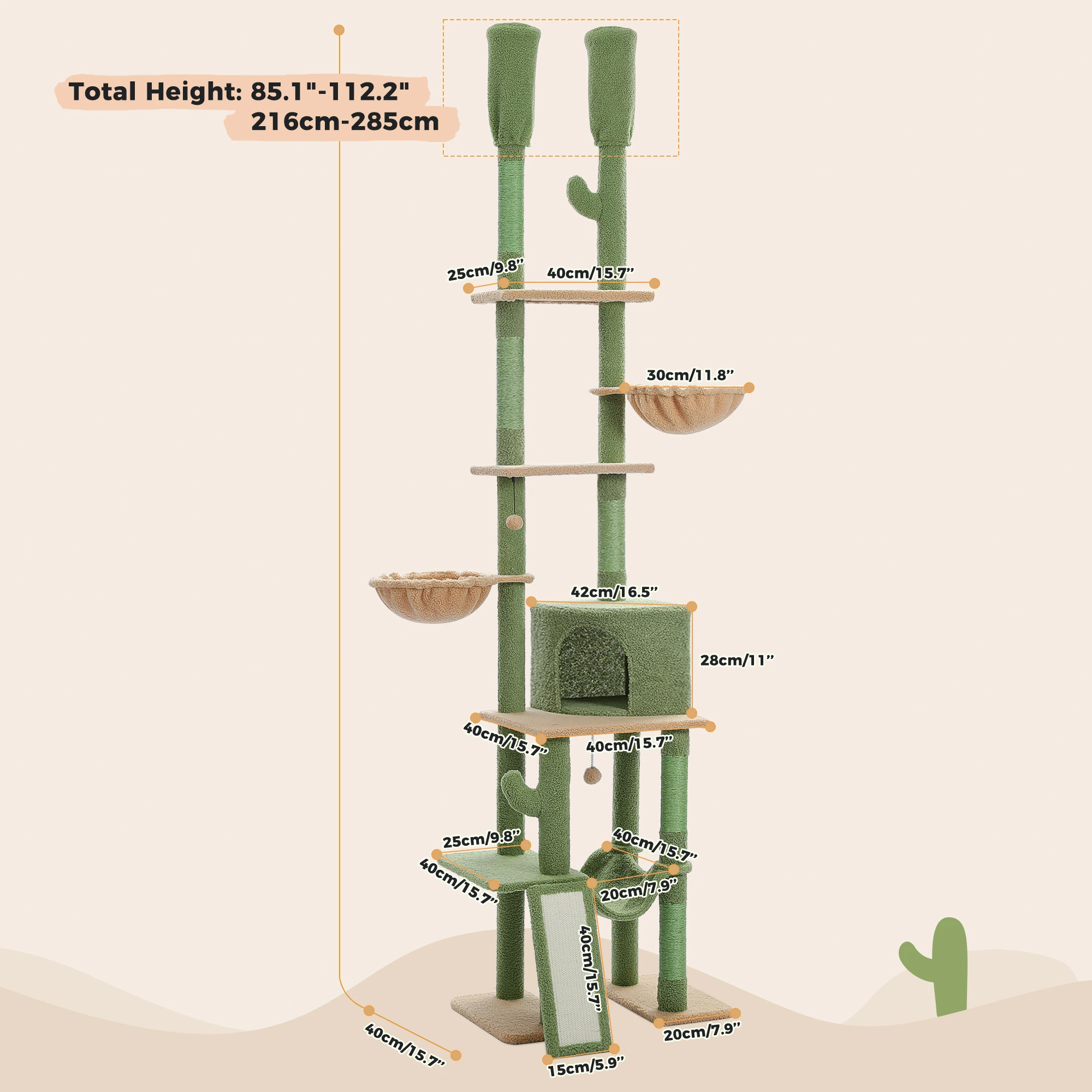 Cactus Cat Tree Floor to Ceiling Cat Tower 7 Tiers Cat Climbing Tree with Cozy Hammocks and Condos 5 Platforms Cactus Cat Tree Floor to Ceiling Cat Tower 7 Tiers Cat Climbing Tree with Cozy Hammocks and Condos 5 Platforms