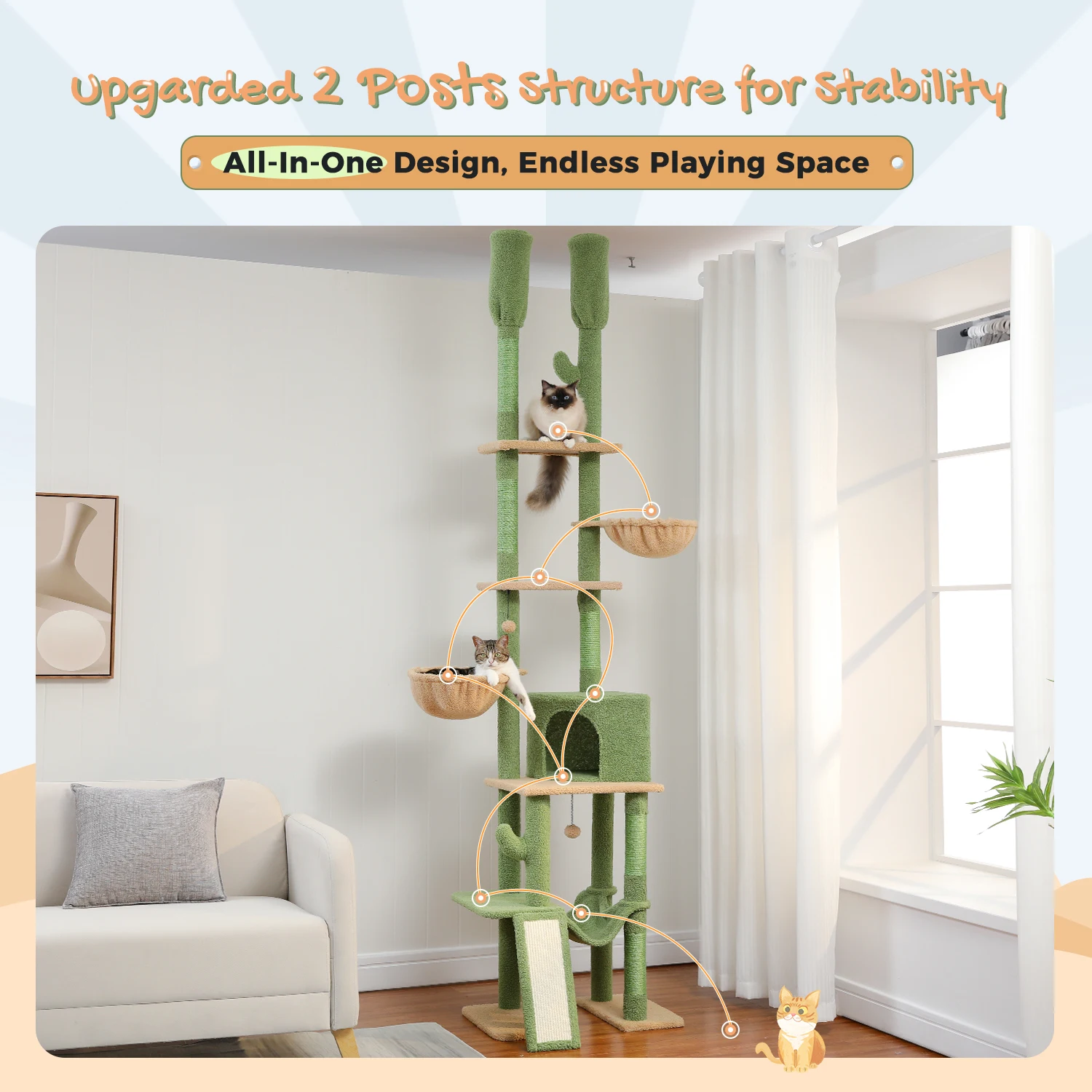 Cactus Cat Tree Floor to Ceiling Cat Tower 7 Tiers Cat Climbing Tree with Cozy Hammocks and Condos 5 Platforms Cactus Cat Tree Floor to Ceiling Cat Tower 7 Tiers Cat Climbing Tree with Cozy Hammocks and Condos 5 Platforms