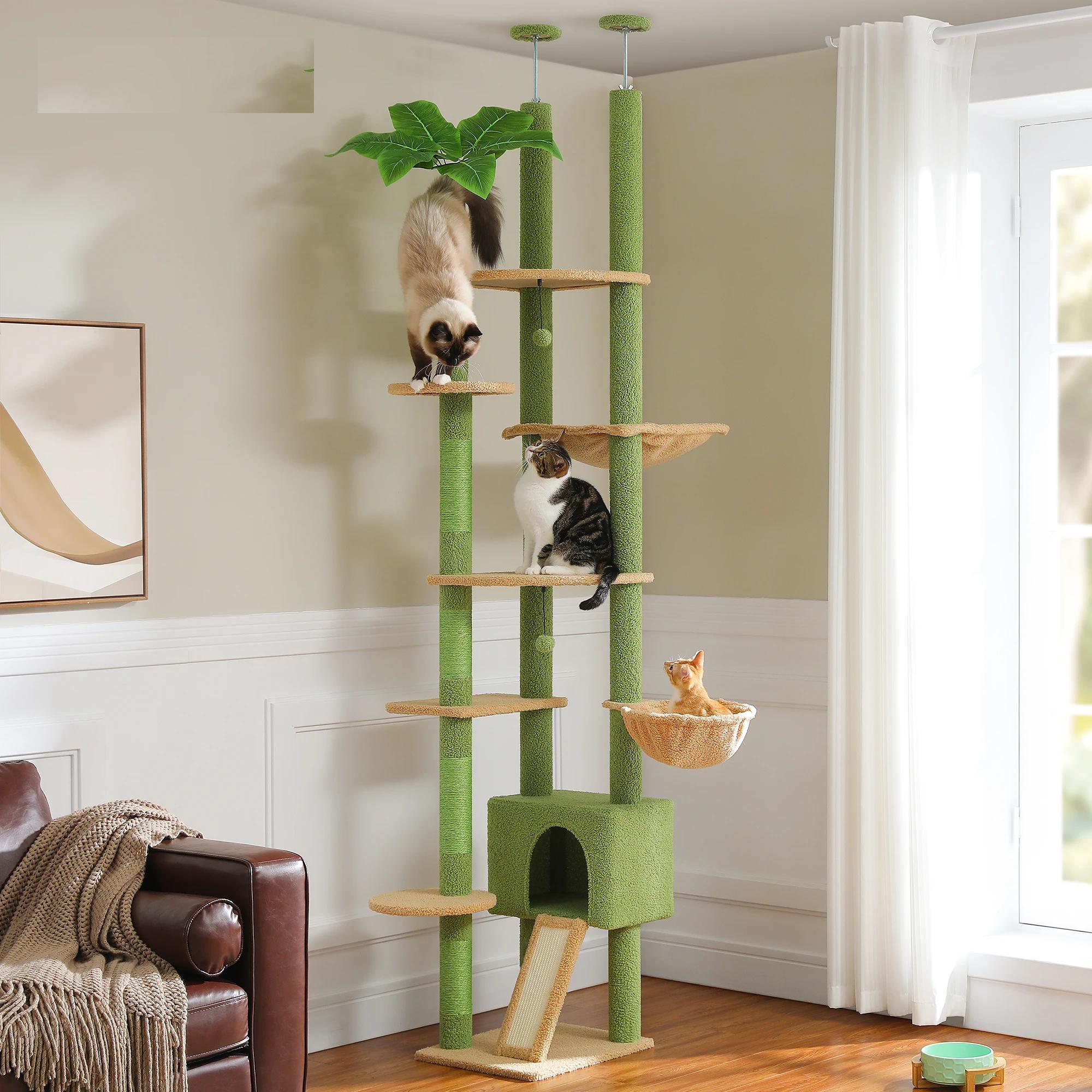 Cactus Cat Tree Floor to Ceiling Cat Tower Adjustable Height with Cat Condo Cozy Hammock and Scratching Post Tall