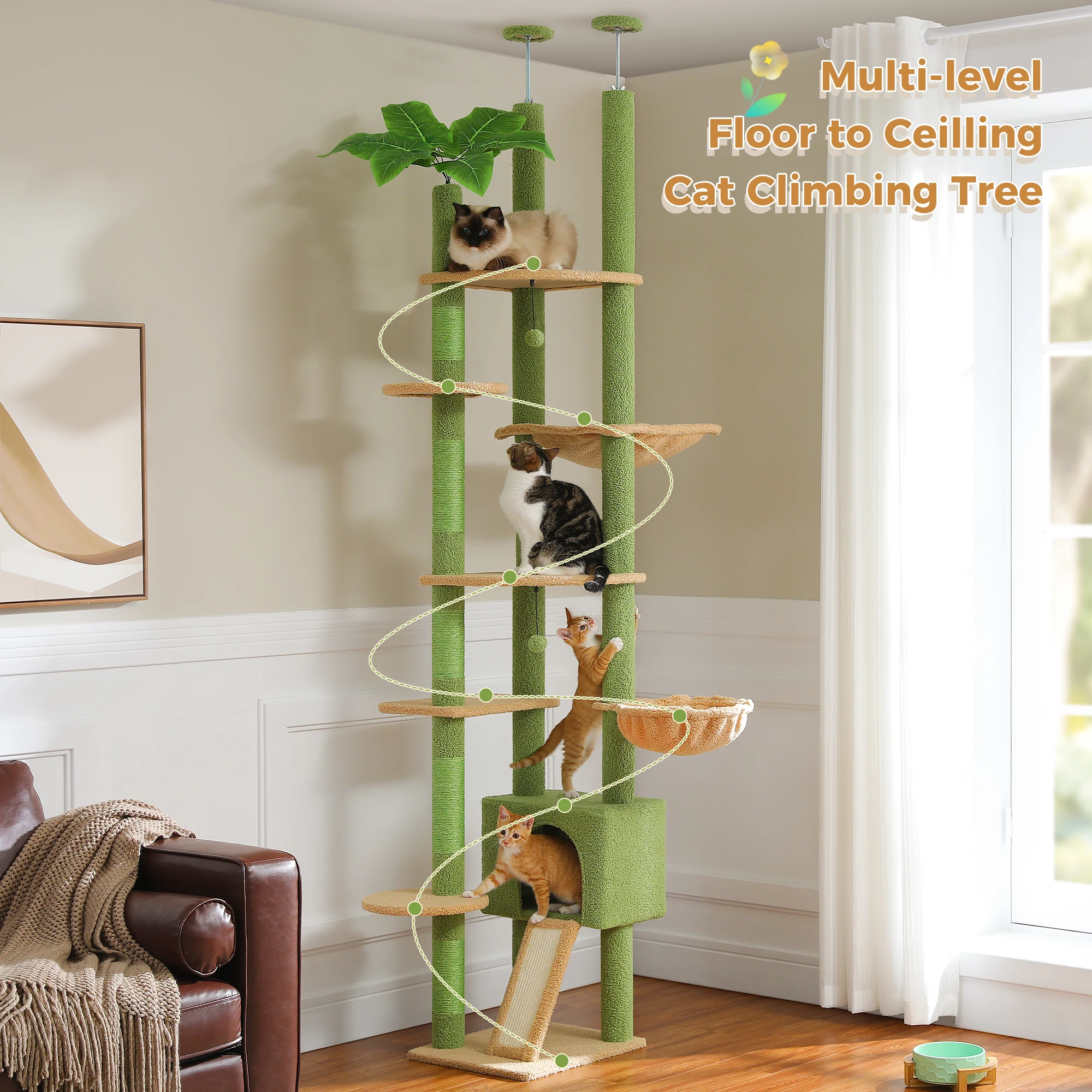Cactus Cat Tree Floor to Ceiling Cat Tower Adjustable Height with Cat Condo Cozy Hammock and Scratching Post Tall