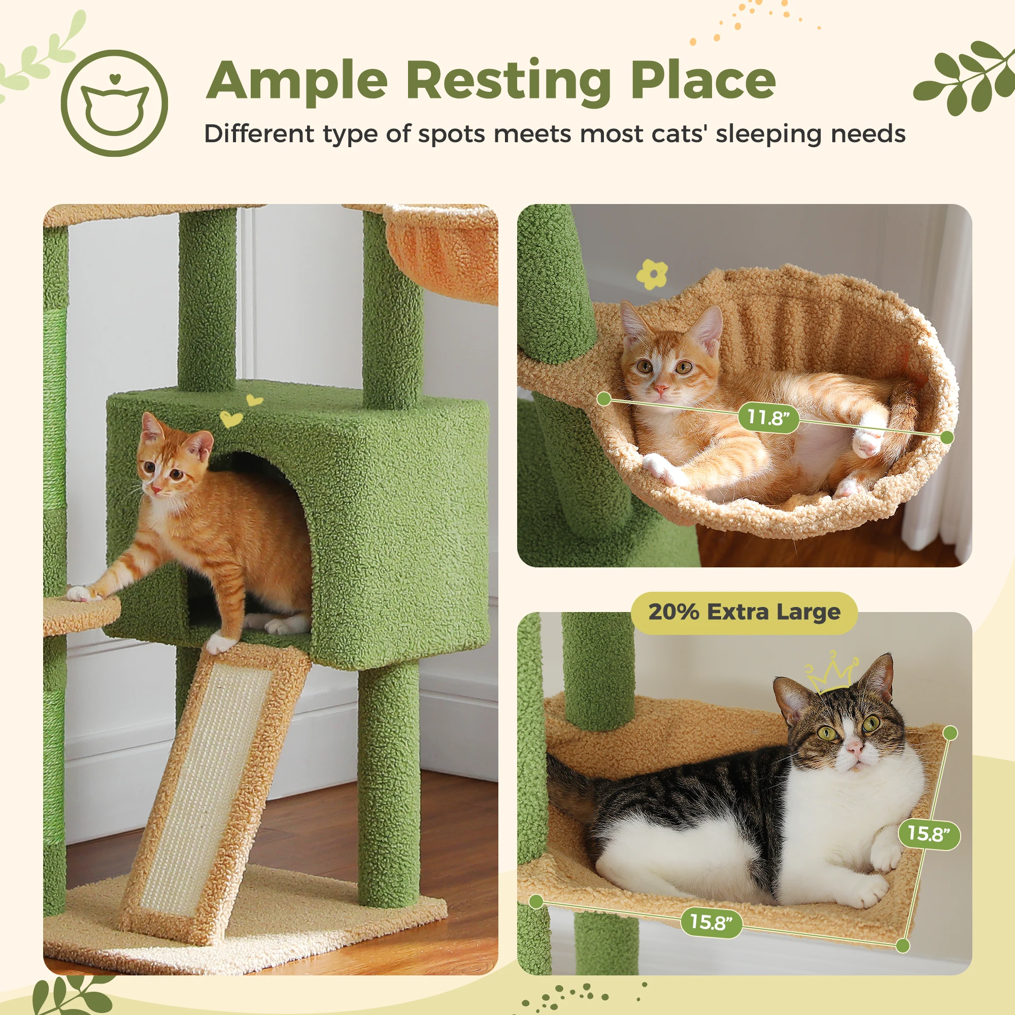 Cactus Cat Tree Floor to Ceiling Cat Tower Adjustable Height with Cat Condo Cozy Hammock and Scratching Post Tall