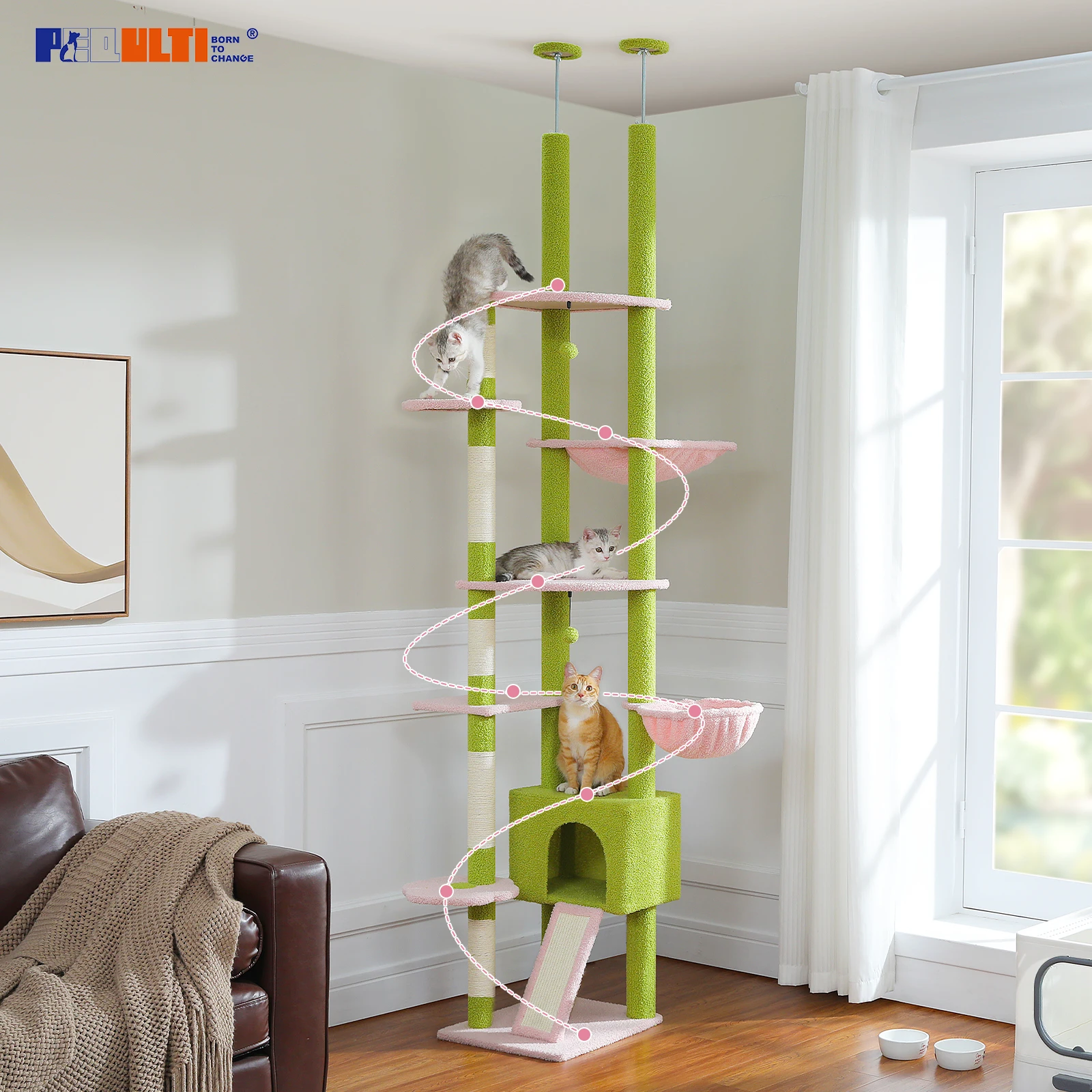 Cactus Cat Tree Floor to Ceiling Cat Tower Adjustable Height with Cat Condo Cozy Hammock and Scratching Post Tall