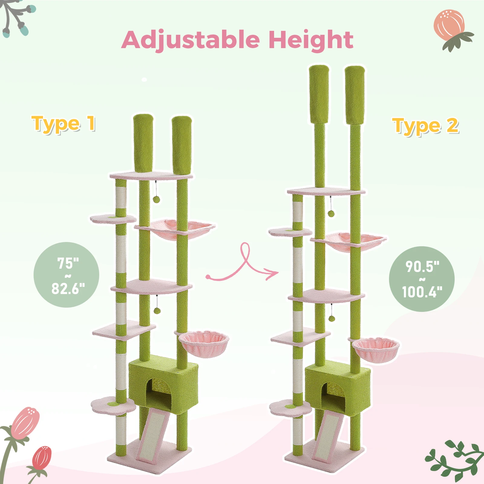 Cactus Cat Tree Floor to Ceiling Cat Tower Adjustable Height with Cat Condo Cozy Hammock and Scratching Post Tall