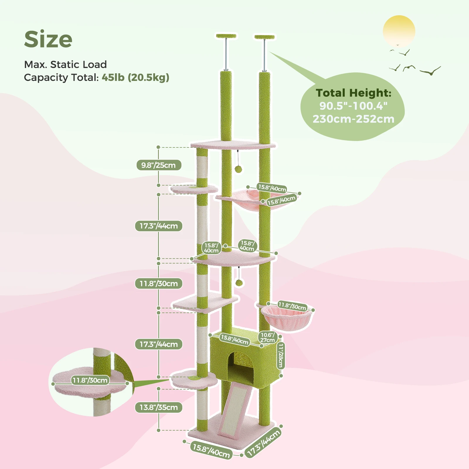 Cactus Cat Tree Floor to Ceiling Cat Tower Adjustable Height with Cat Condo Cozy Hammock and Scratching Post Tall