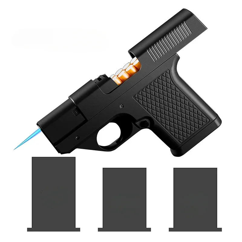 Capacity 10PCS Pistol Style Lighters with 3 Cigarette Case Jet Blue Flame Gas Lighter Windproof Cigar Lighter Gadgets