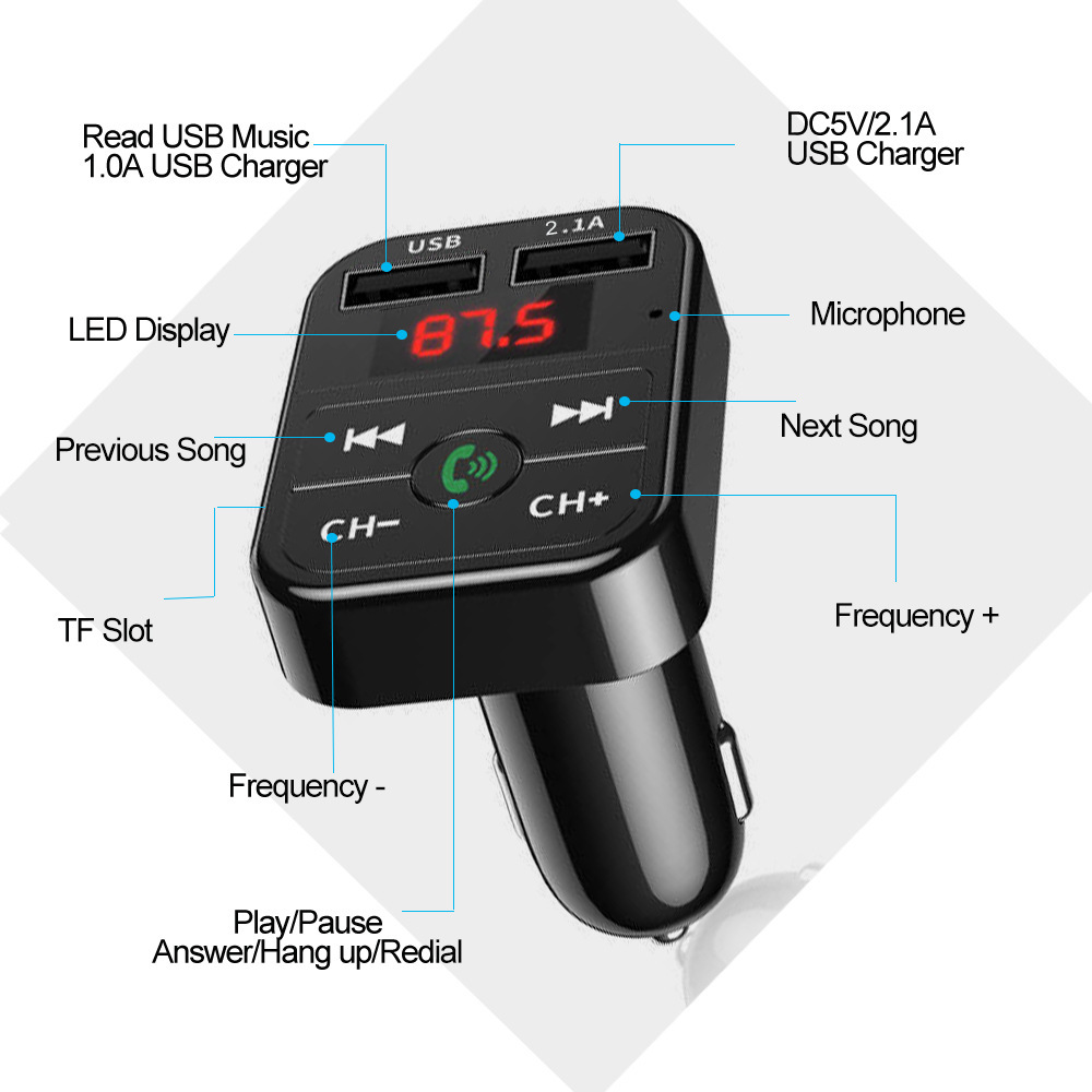 Car Bluetooth 5.0 FM Transmitter Wireless Handsfree Audio Receiver Auto MP3 Player 2.1A Dual USB Fast Charger Car Car Bluetooth 5.0 FM Transmitter Wireless Handsfree Audio Receiver Auto MP3 Player 2.1A Dual USB Fast Charger Car