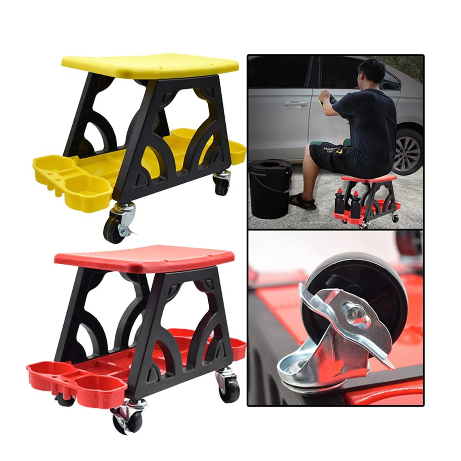 Car Detailing Stool Chair with Storage Holder Auto Workshop Bench Wheels Roller Creeper Seat Roller Mechanics Seat for