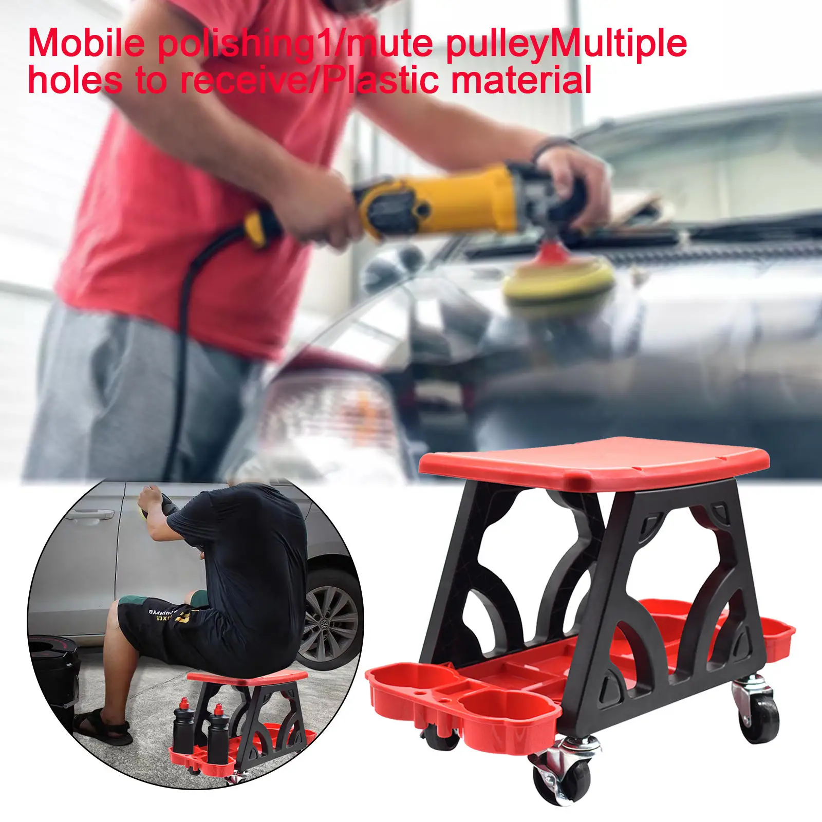 Car Detailing Stool Chair with Storage Holder Auto Workshop Bench Wheels Roller Creeper Seat Roller Mechanics Seat for