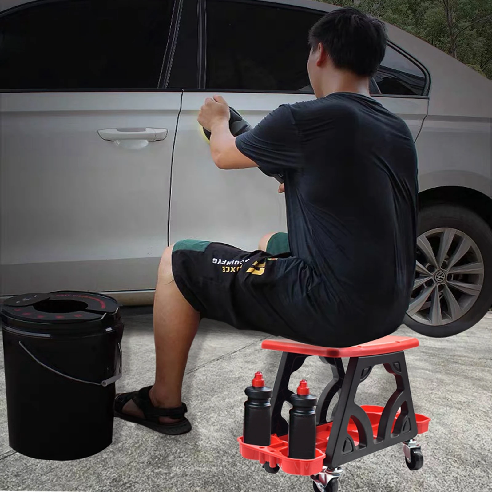 Car Detailing Stool Chair with Storage Holder Auto Workshop Bench Wheels Roller Creeper Seat Roller Mechanics Seat for