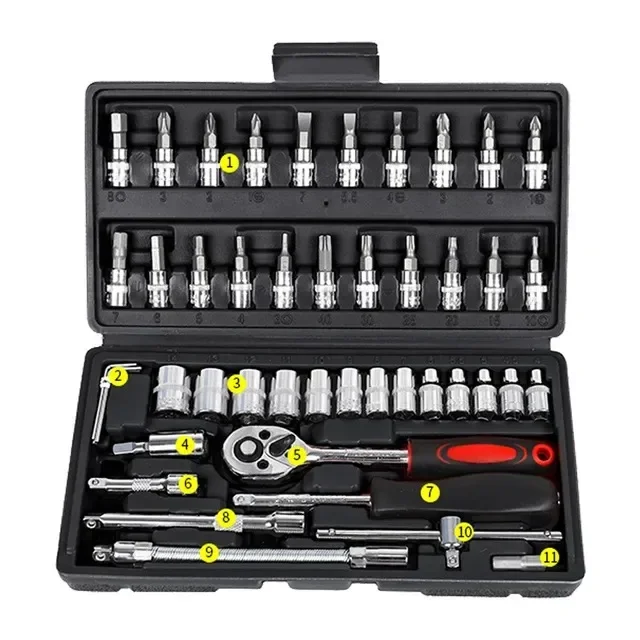 Car Repair Tool Kit 46 Piece/Set 1/4-Inch Socket Set Car Repair Tool Ratchet Torque Wrench Combo Auto Repairing Tool Set Car Repair Tool Kit 46 Piece/Set 1/4-Inch Socket Set Car Repair Tool Ratchet Torque Wrench Combo Auto Repairing Tool Set