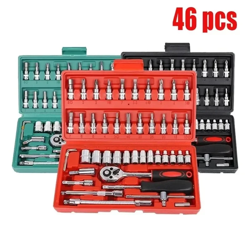 Car Repair Tool Kit 46 Piece/Set 1/4-Inch Socket Set Car Repair Tool Ratchet Torque Wrench Combo Auto Repairing Tool Set