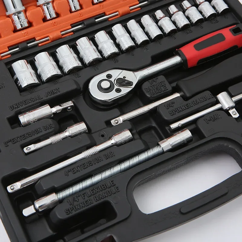 Car Repair Tool Kit 46 Piece/Set 1/4-Inch Socket Set Car Repair Tool Ratchet Torque Wrench Combo Auto Repairing Tool Set