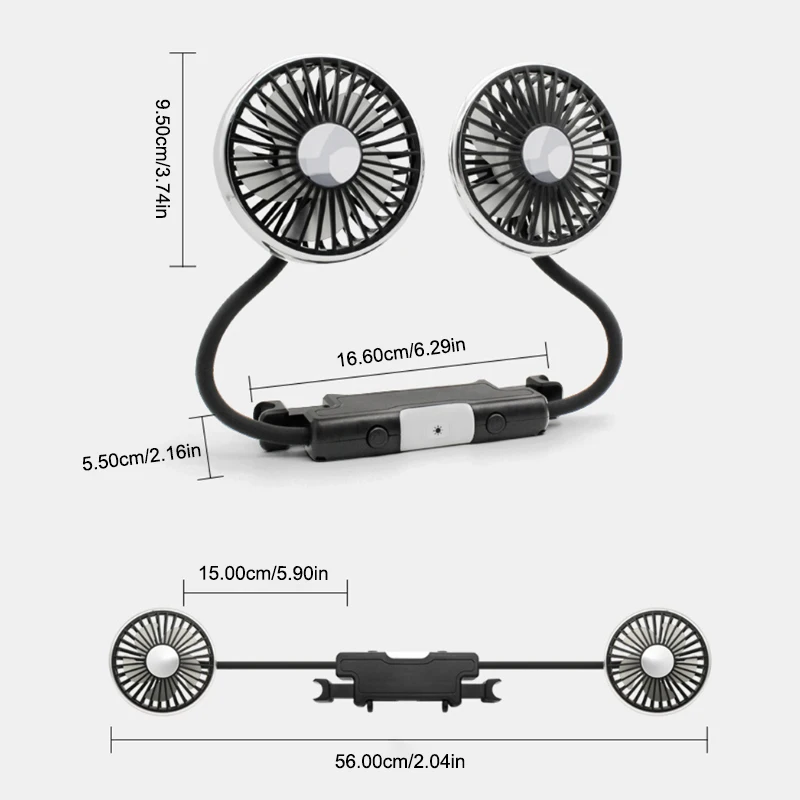 Car USB Fan Dual Head Cooling Air Fan Independent Switch 3-Speed 360 Degree Adjustable Auto Headrest Fan for Rear Seat Car USB Fan Dual Head Cooling Air Fan Independent Switch 3-Speed 360 Degree Adjustable Auto Headrest Fan for Rear Seat