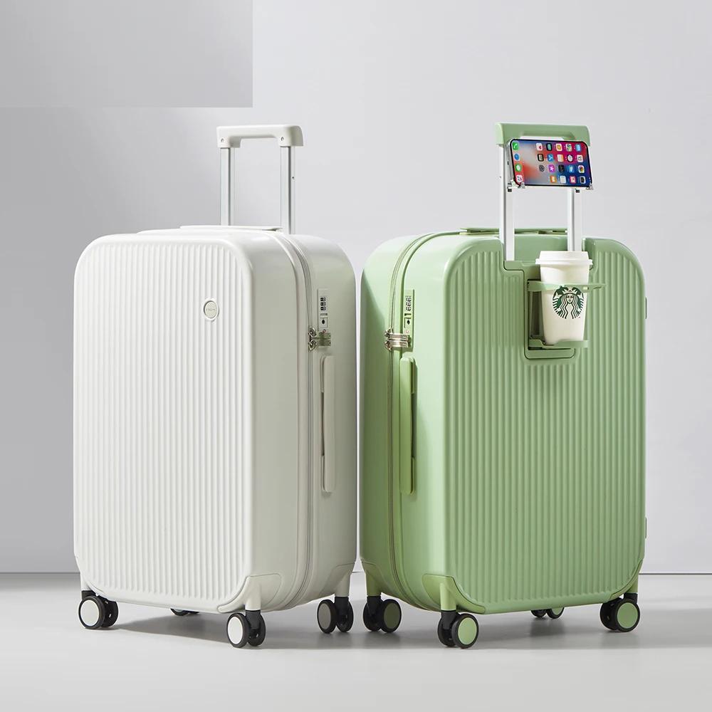 Carry On Luggage with Cup Phone Holder Hard Shell Rolling Travel Suitcase with Spinner Wheels 20 24 26 Inch