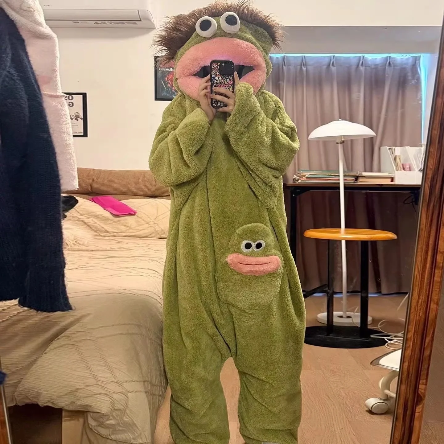 Cartoon Big Mouth Monster Cute Funny Onesie Pajamas Thickened Coral Fleece Homewear For Couples Men Women Autumn Winter