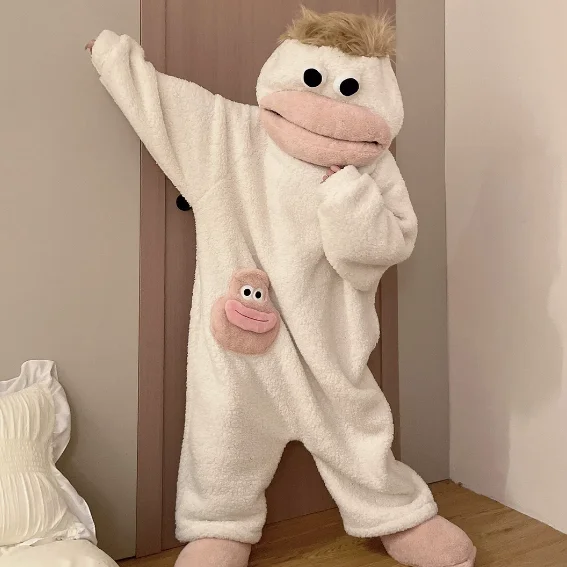 Cartoon Big Mouth Monster Cute Funny Onesie Pajamas Thickened Coral Fleece Homewear For Couples Men Women Autumn Winter