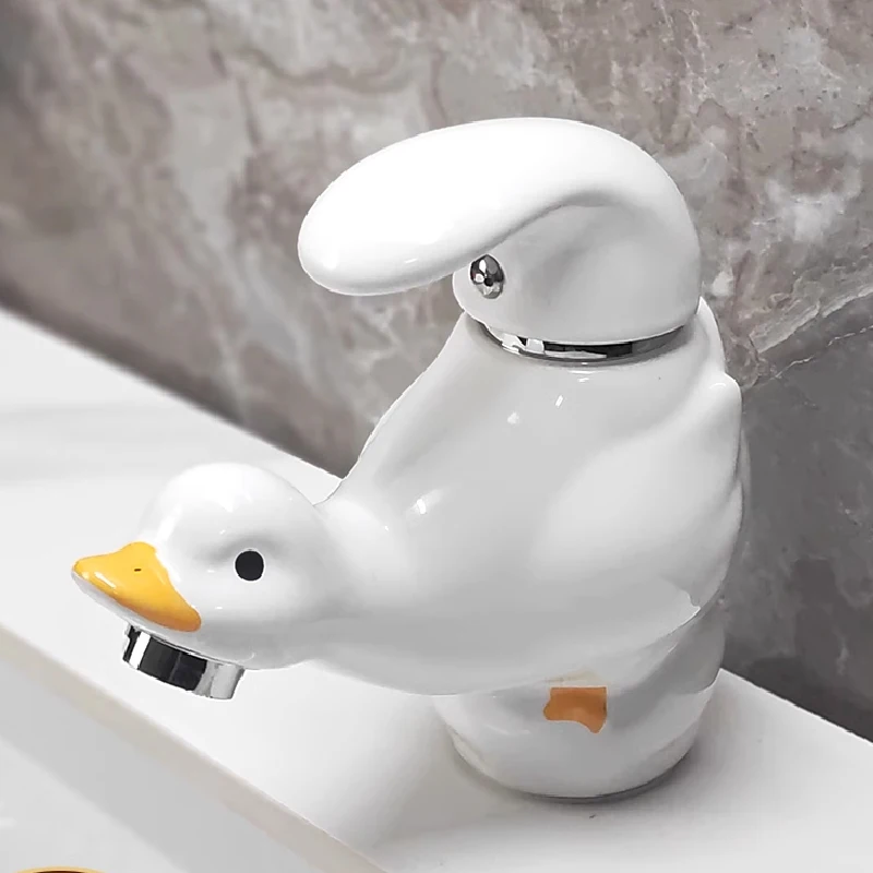 Cartoon Cute White Ceramic Duck Faucet Washbasin Basin Home Wash Basin Hot and Cold Water Faucet Bathroom Decoration