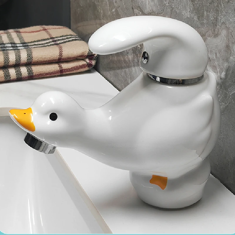 Cartoon Cute White Ceramic Duck Faucet Washbasin Basin Home Wash Basin Hot and Cold Water Faucet Bathroom Decoration Cartoon Cute White Ceramic Duck Faucet Washbasin Basin Home Wash Basin Hot and Cold Water Faucet Bathroom Decoration