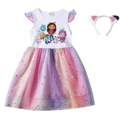 Cartoon Gabby Cats Baby Girl Dresses Kids Gabby's Doll House Clothes Cosplay Costume Children Fly Sleeve Casual Dress
