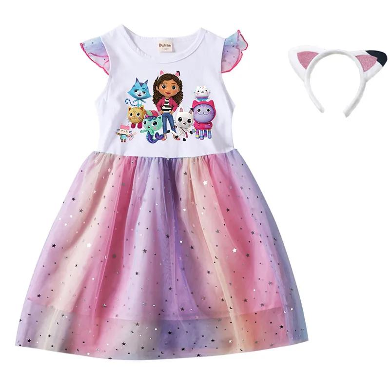 Cartoon Gabby Cats Baby Girl Dresses Kids Gabby's Doll House Clothes Cosplay Costume Children Fly Sleeve Casual Dress