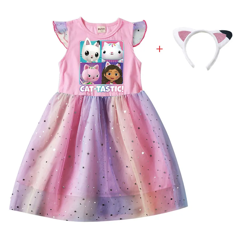 Cartoon Gabby Cats Baby Girl Dresses Kids Gabby's Doll House Clothes Cosplay Costume Children Fly Sleeve Casual Dress