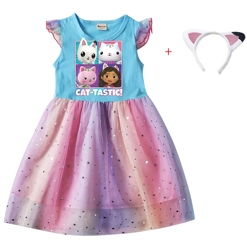 Cartoon Gabby Cats Baby Girl Dresses Kids Gabby's Doll House Clothes Cosplay Costume Children Fly Sleeve Casual Dress