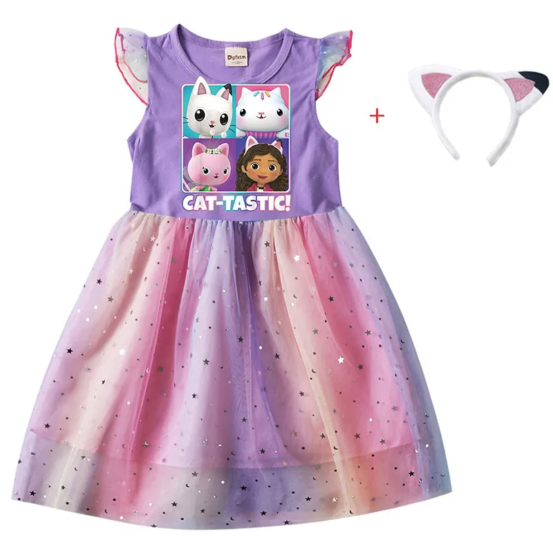 Cartoon Gabby Cats Baby Girl Dresses Kids Gabby's Doll House Clothes Cosplay Costume Children Fly Sleeve Casual Dress