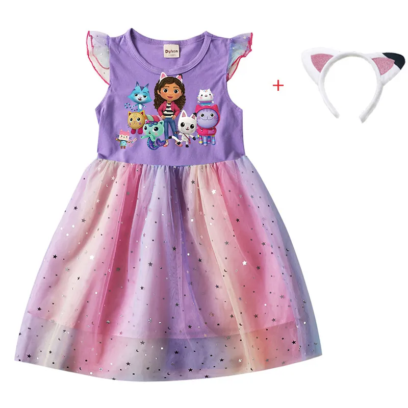 Cartoon Gabby Cats Baby Girl Dresses Kids Gabby's Doll House Clothes Cosplay Costume Children Fly Sleeve Casual Dress