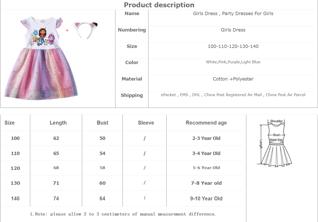 Cartoon Gabby Cats Baby Girl Dresses Kids Gabby's Doll House Clothes Cosplay Costume Children Fly Sleeve Casual Dress