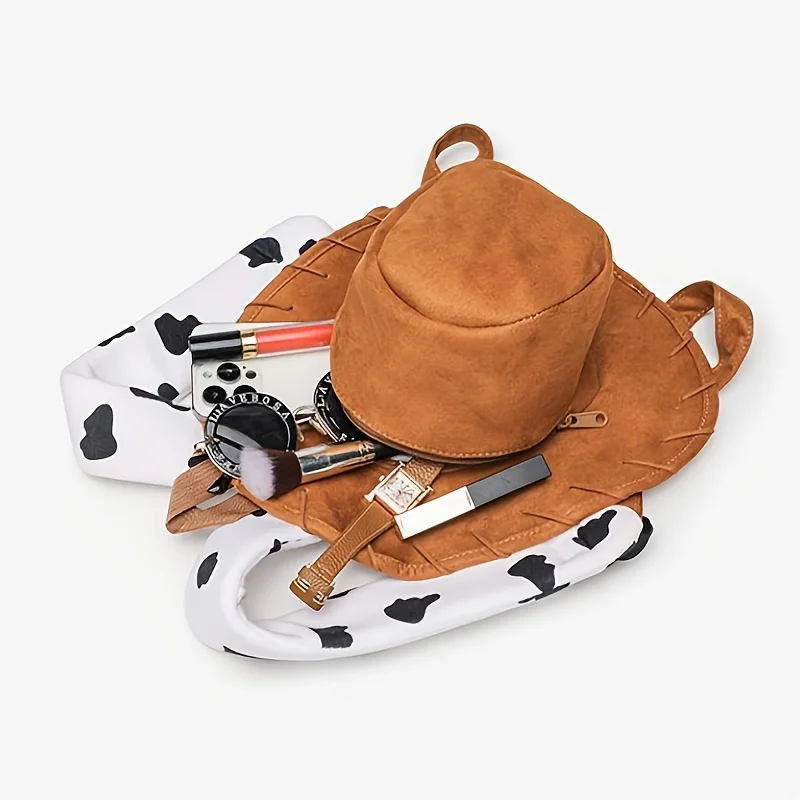 Cartoon Toy Story Woody Hat Backpack Cute Large Capacity Travel Backpack Cow Print Straps Unisex Backpack Travel
