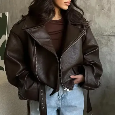 Casual Dark Red Zipper Leather Short Jackets Women Long Sleeve Lace Up Lapel Loose Button Coat Lady Daily High Street