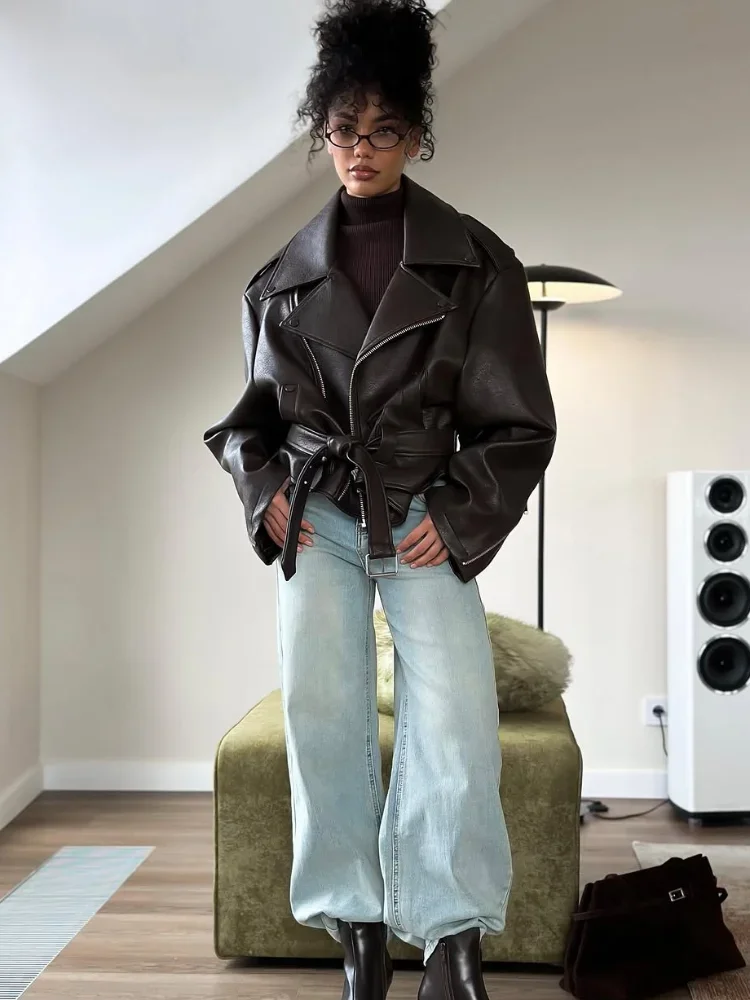 Casual Dark Red Zipper Leather Short Jackets Women Long Sleeve Lace Up Lapel Loose Button Coat Lady Daily High Street