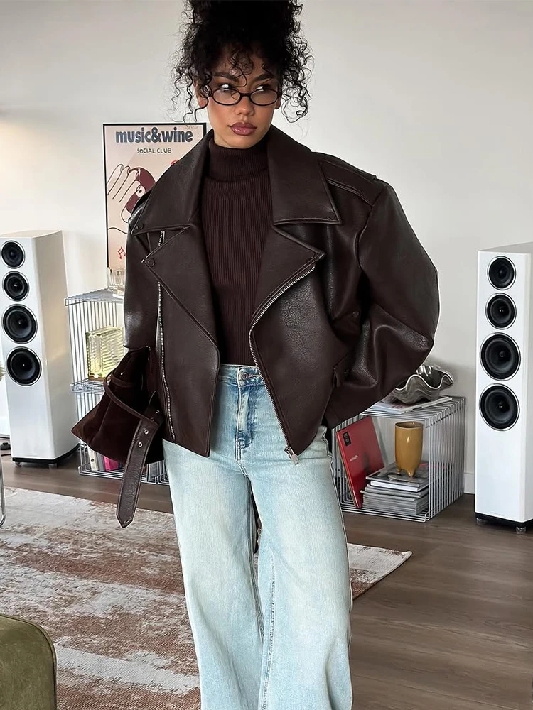 Casual Dark Red Zipper Leather Short Jackets Women Long Sleeve Lace Up Lapel Loose Button Coat Lady Daily High Street