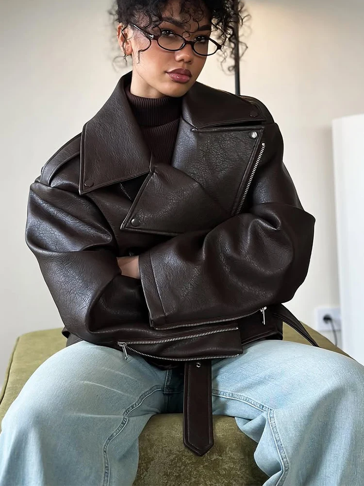 Casual Dark Red Zipper Leather Short Jackets Women Long Sleeve Lace Up Lapel Loose Button Coat Lady Daily High Street