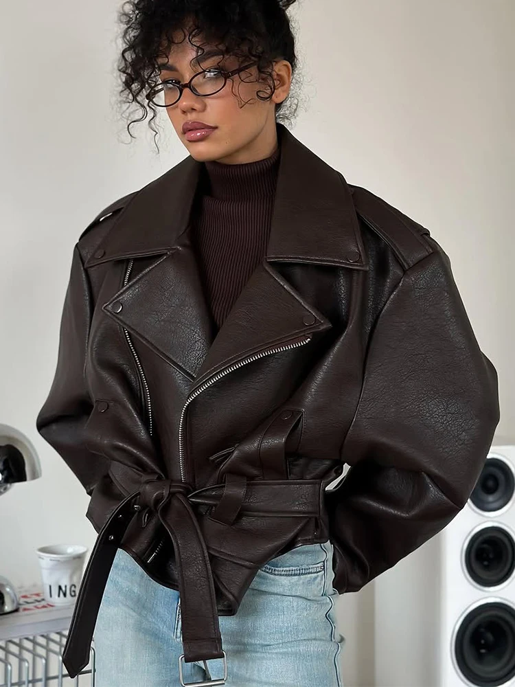 Casual Dark Red Zipper Leather Short Jackets Women Long Sleeve Lace Up Lapel Loose Button Coat Lady Daily High Street