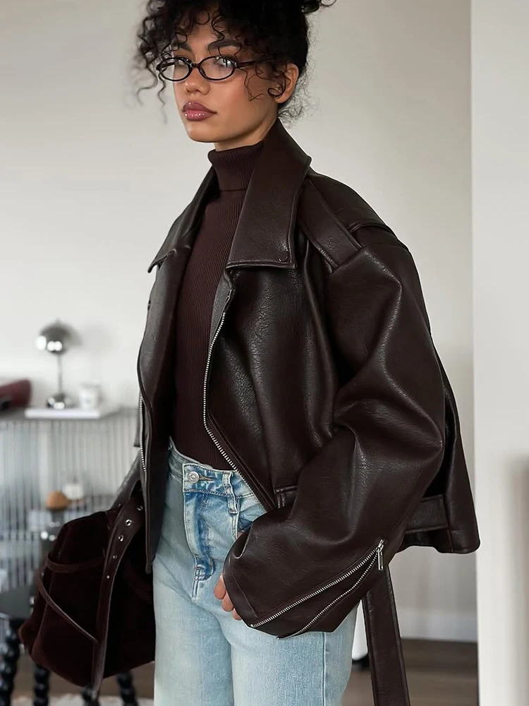 Casual Dark Red Zipper Leather Short Jackets Women Long Sleeve Lace Up Lapel Loose Button Coat Lady Daily High Street