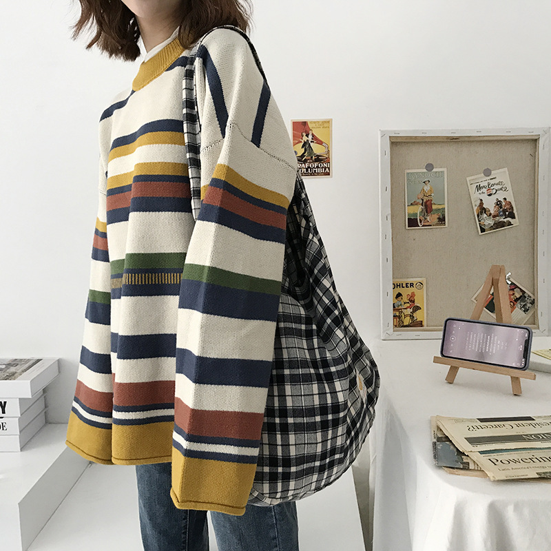 Casual Fabric Plaid Tote Bag