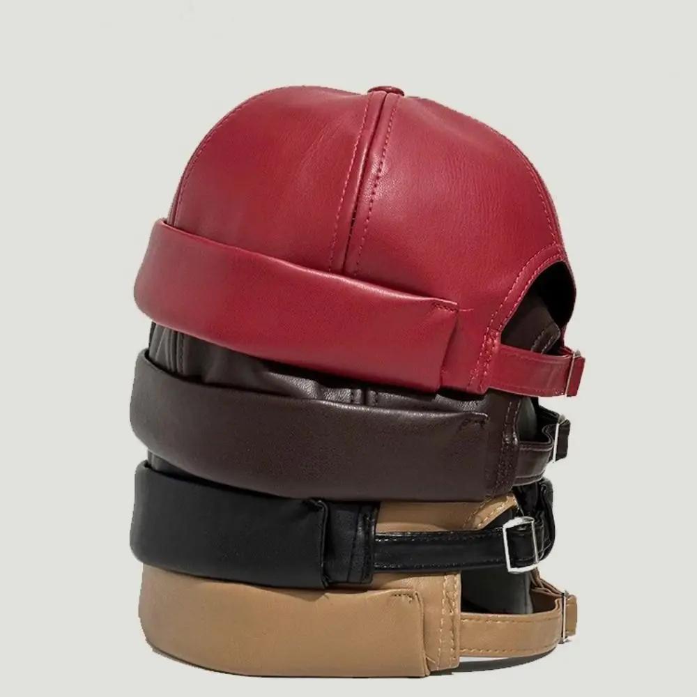 Casual Retro Brimless Hat PU Leather Adjustable Melon Skin Caps Solid Color Docker Cap Autumn Winter