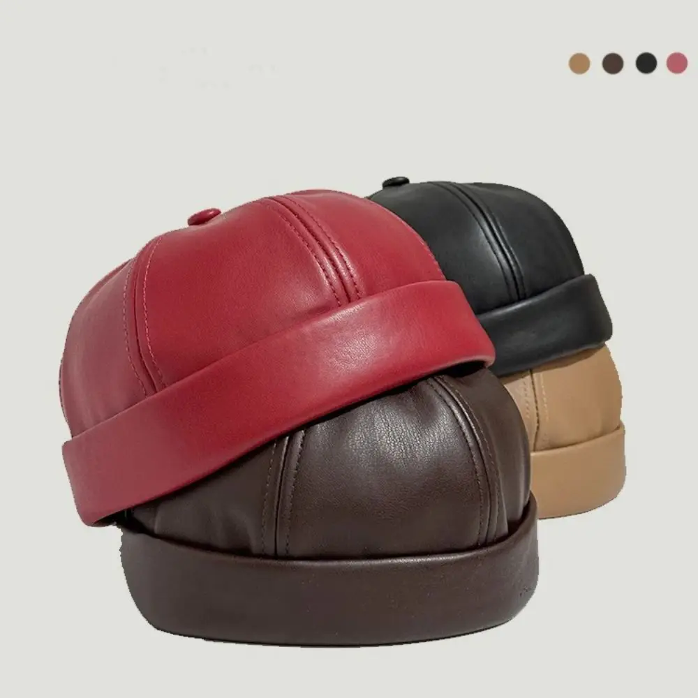 Casual Retro Brimless Hat PU Leather Adjustable Melon Skin Caps Solid Color Docker Cap Autumn Winter Casual Retro Brimless Hat PU Leather Adjustable Melon Skin Caps Solid Color Docker Cap Autumn Winter