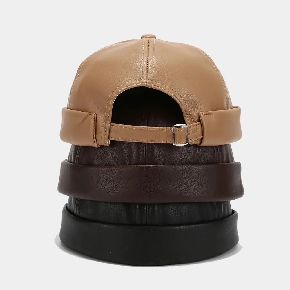 Casual Retro Brimless Hat PU Leather Adjustable Melon Skin Caps Solid Color Docker Cap Autumn Winter Casual Retro Brimless Hat PU Leather Adjustable Melon Skin Caps Solid Color Docker Cap Autumn Winter