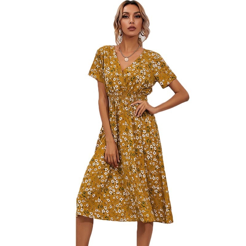 Casual V Neck Short Sleeve Floral Midi Dress
