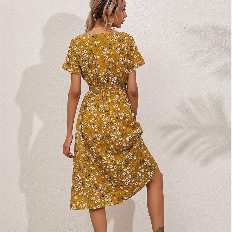 Casual V Neck Short Sleeve Floral Midi Dress Casual V Neck Short Sleeve Floral Midi Dress