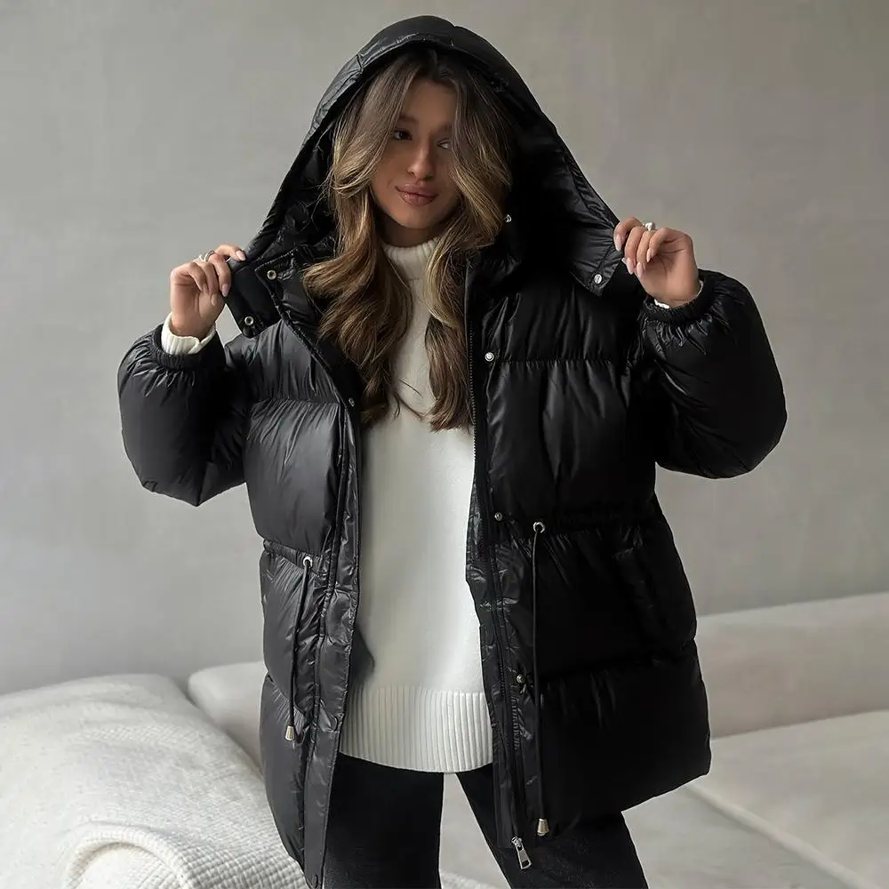 Casual Waist-cinching Thicken Cotton Coat Women Fashion Hooded Zipper Lace Up Long Sleeve Coats 2025 Winter Warm Lady Casual Waist-cinching Thicken Cotton Coat Women Fashion Hooded Zipper Lace Up Long Sleeve Coats 2025 Winter Warm Lady
