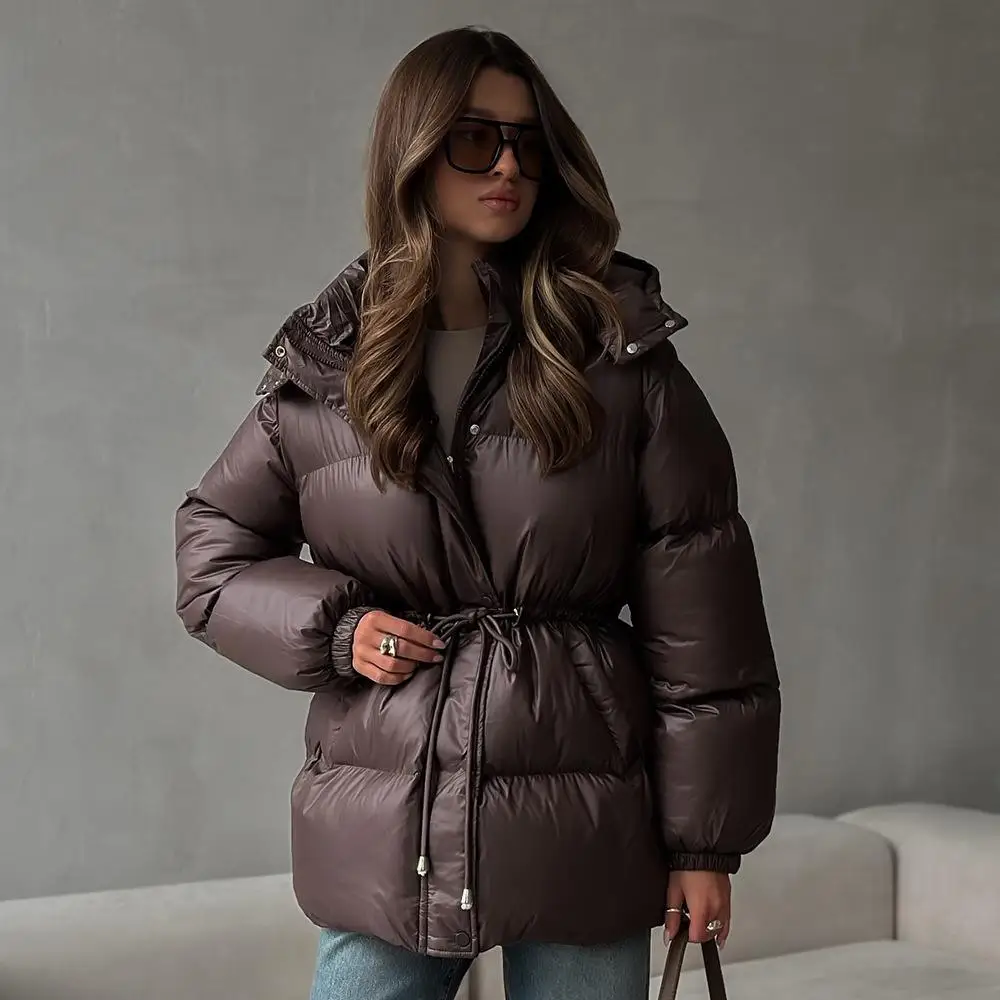 Casual Waist-cinching Thicken Cotton Coat Women Fashion Hooded Zipper Lace Up Long Sleeve Coats 2025 Winter Warm Lady Casual Waist-cinching Thicken Cotton Coat Women Fashion Hooded Zipper Lace Up Long Sleeve Coats 2025 Winter Warm Lady