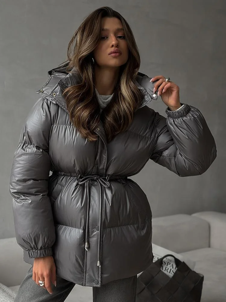 Casual Waist-cinching Thicken Cotton Coat Women Fashion Hooded Zipper Lace Up Long Sleeve Coats 2025 Winter Warm Lady Casual Waist-cinching Thicken Cotton Coat Women Fashion Hooded Zipper Lace Up Long Sleeve Coats 2025 Winter Warm Lady