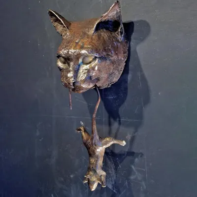 Cat Head and Mouse Door Knocker or Wall Resin Sculpture Ornament Resin Pest Repellent Mouse Statue for Door Pile