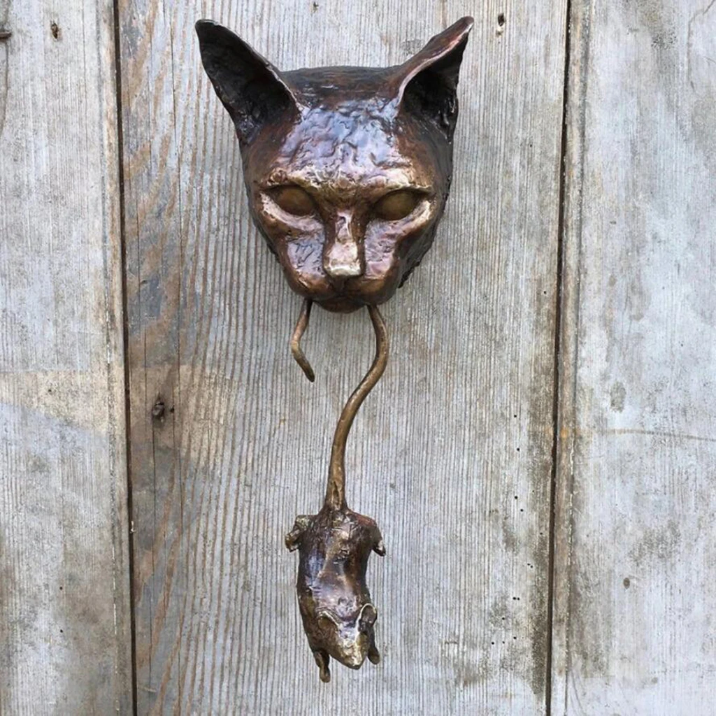 Cat Head and Mouse Door Knocker or Wall Resin Sculpture Ornament Resin Pest Repellent Mouse Statue for Door Pile