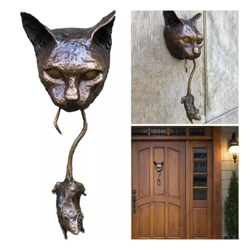 Cat Head and Mouse Door Knocker or Wall Resin Sculpture Ornament Resin Pest Repellent Mouse Statue for Door Pile