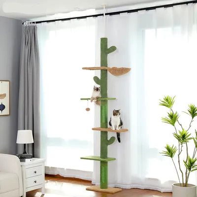 Cat Tree 5-Tier Floor to Ceiling Cat Tower Cactus Tall Climbing Tree with Scratching Post Hammock Dangling Ball for