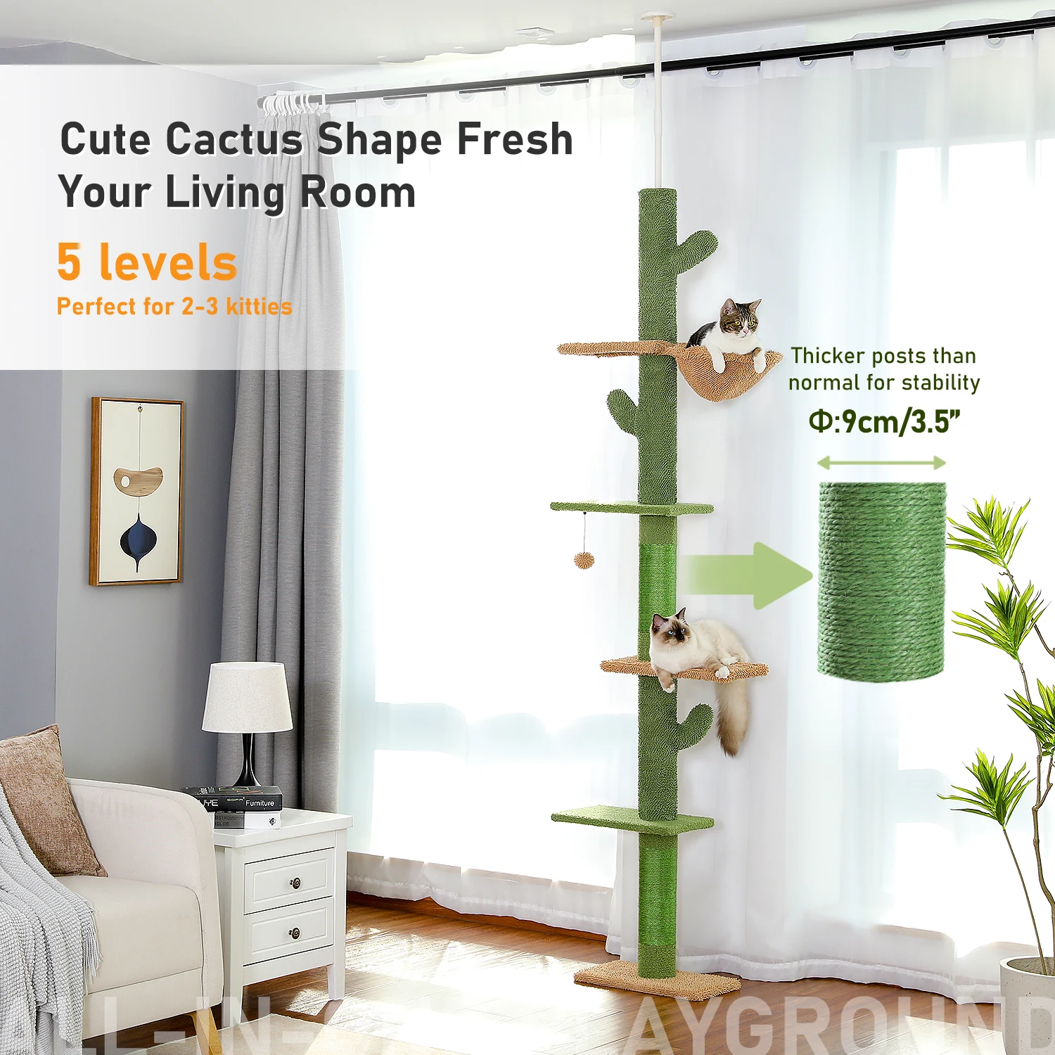Cat Tree 5-Tier Floor to Ceiling Cat Tower Cactus Tall Climbing Tree with Scratching Post Hammock Dangling Ball for